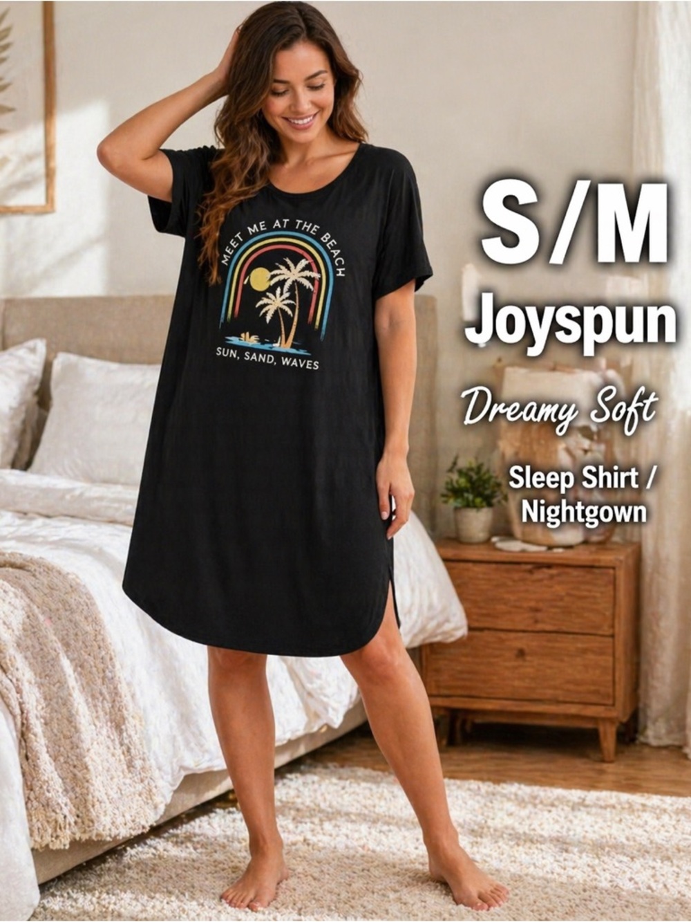 Joyspun Beach Graphic Nightgown Sleep Shirt Pockets S/M